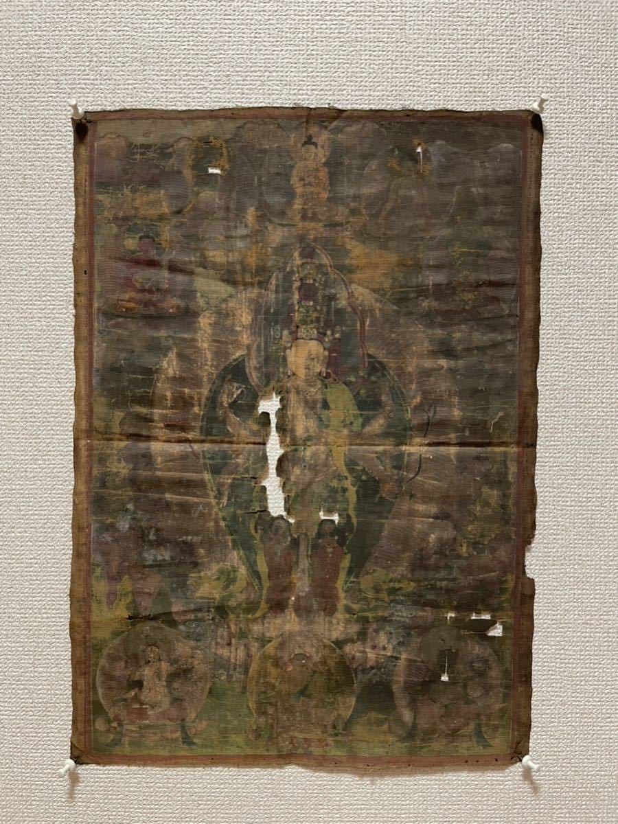 タンカ チベット 仏画 真作 絹本 曼荼羅 まくり 菩薩 仏 多面多臂 彩色