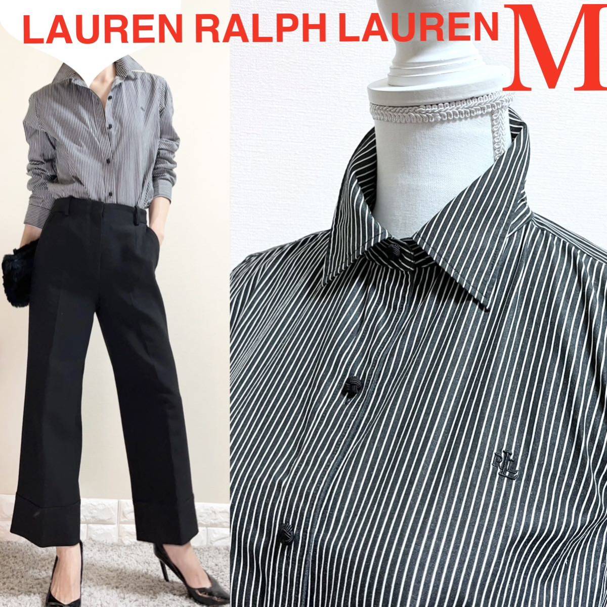 LAUREN ラルフローレン　ロゴ刺繍　ノッツボタン　ストライプシャツ　ML 黒　LAUREN RALPH LAUREN ラルフローレン 