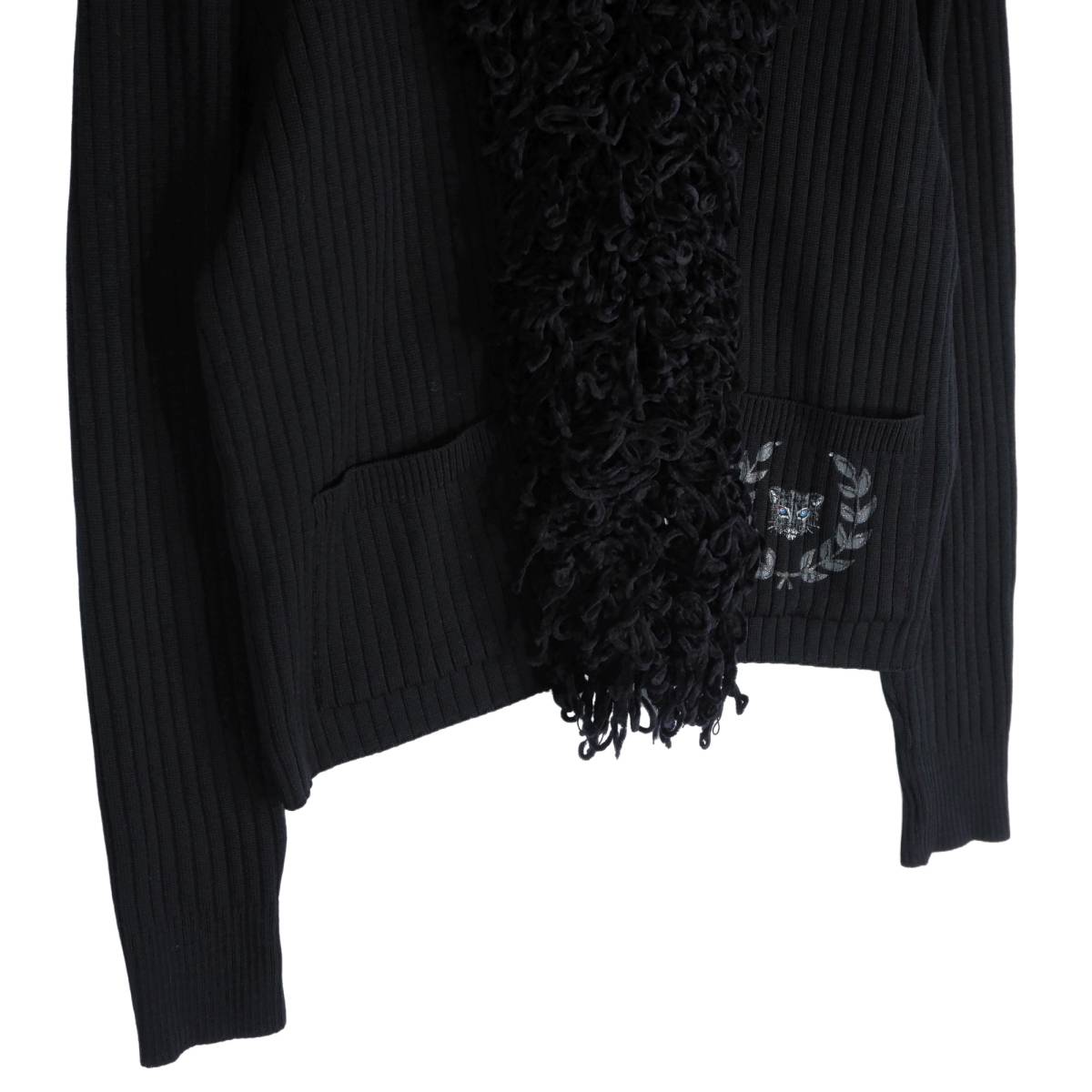 ◆美品 送料無料◆ 伊太利屋 イタリヤ 豪華 襟装飾 長袖 ウール リブ ニット カーディガン 黒 ブラック レディース 9 ◆秋冬◆　3413j1