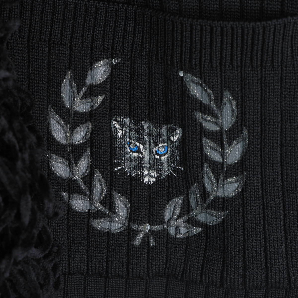 ◆美品 送料無料◆ 伊太利屋 イタリヤ 豪華 襟装飾 長袖 ウール リブ ニット カーディガン 黒 ブラック レディース 9 ◆秋冬◆　3413j1