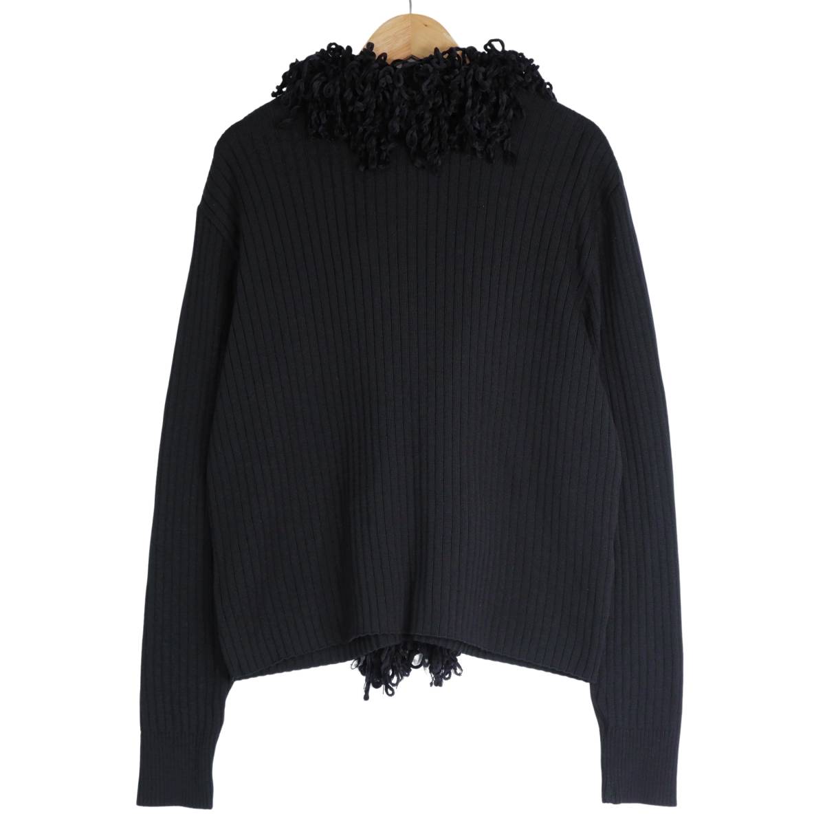 ◆美品 送料無料◆ 伊太利屋 イタリヤ 豪華 襟装飾 長袖 ウール リブ ニット カーディガン 黒 ブラック レディース 9 ◆秋冬◆　3413j1