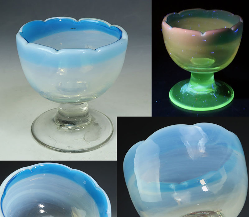 【縁】大正ロマン ウランガラス 梅花形氷コップ 青縁乳白手吹き氷コップ 時代ガラス 和硝子 d-945