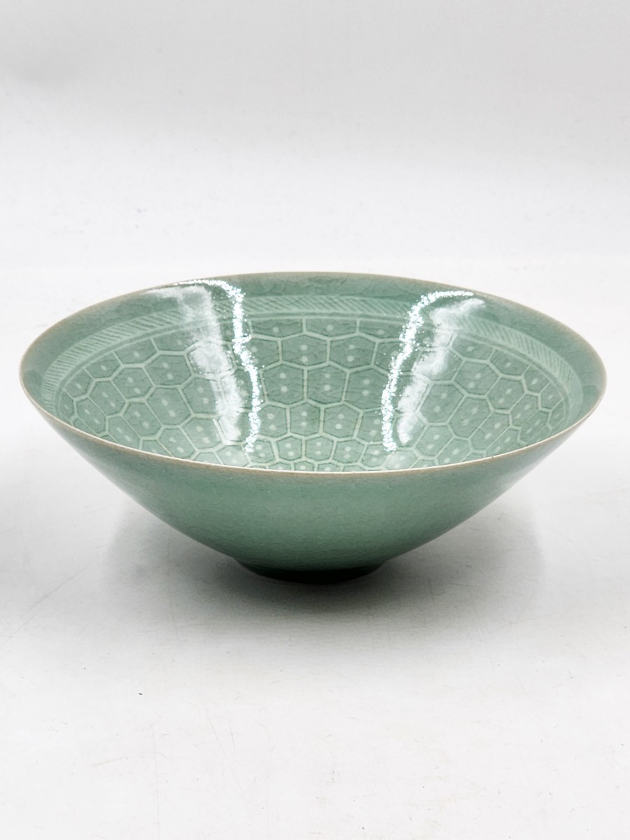 韓国陶窯 東谷 金正黙 高麗青磁 草花 抹茶茶碗 青瓷茶碗 在銘 共箱 茶道具