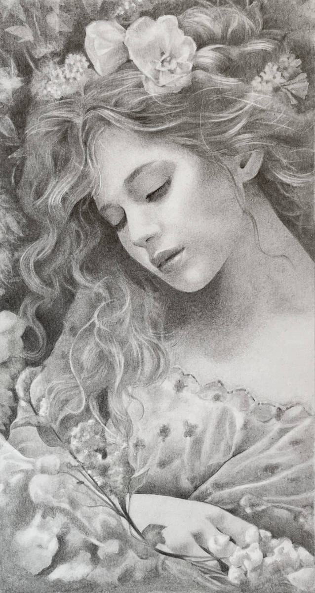鉛筆画 人物画 女性 #84【額装】(鉛筆画、木炭画)｜売買された