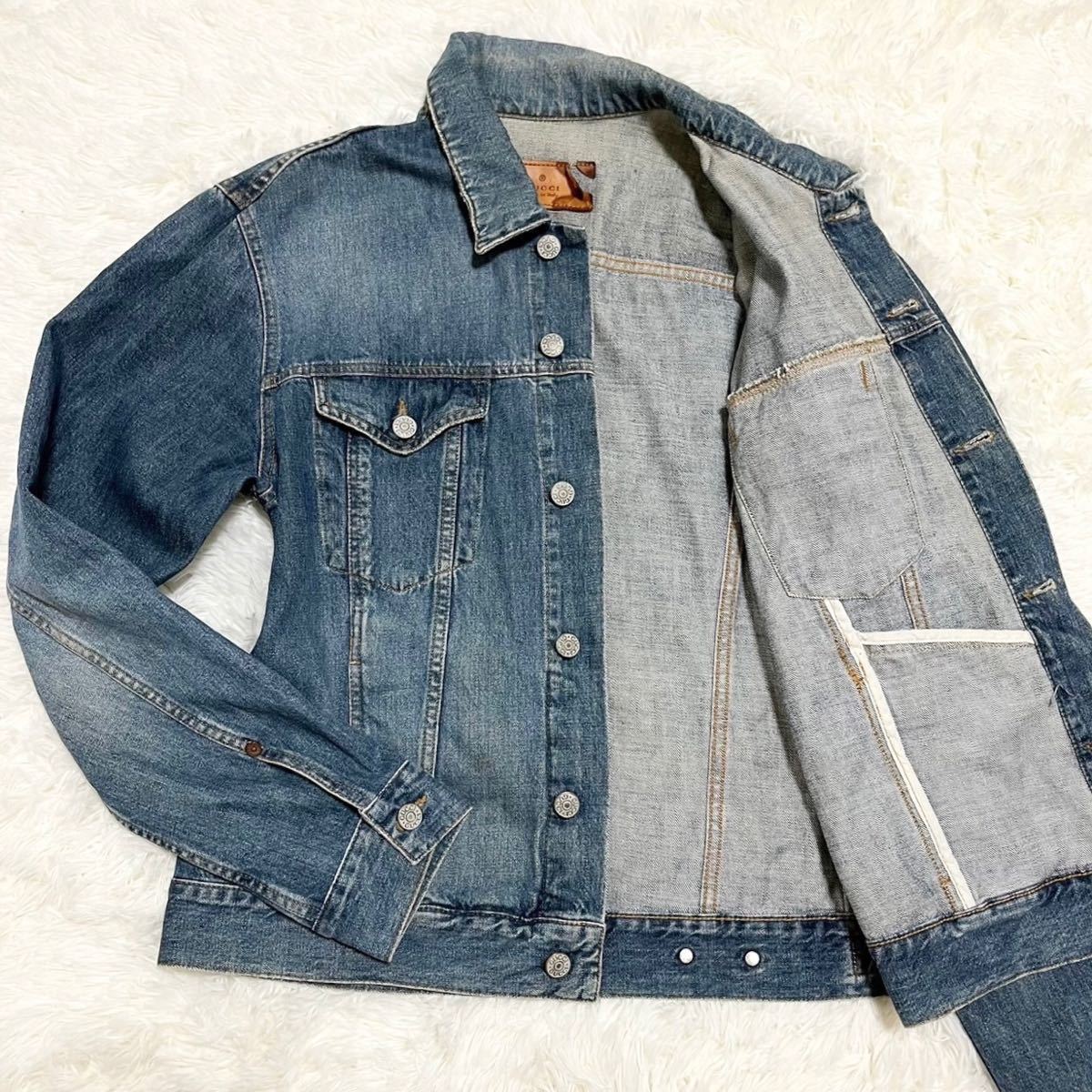 グッチ【大人気モデル】 GUCCI デニムジャケット Gジャン ブルゾン ライダース シルバーボタン ロゴ 柄 ブルー メンズ サイズ50（XL位）