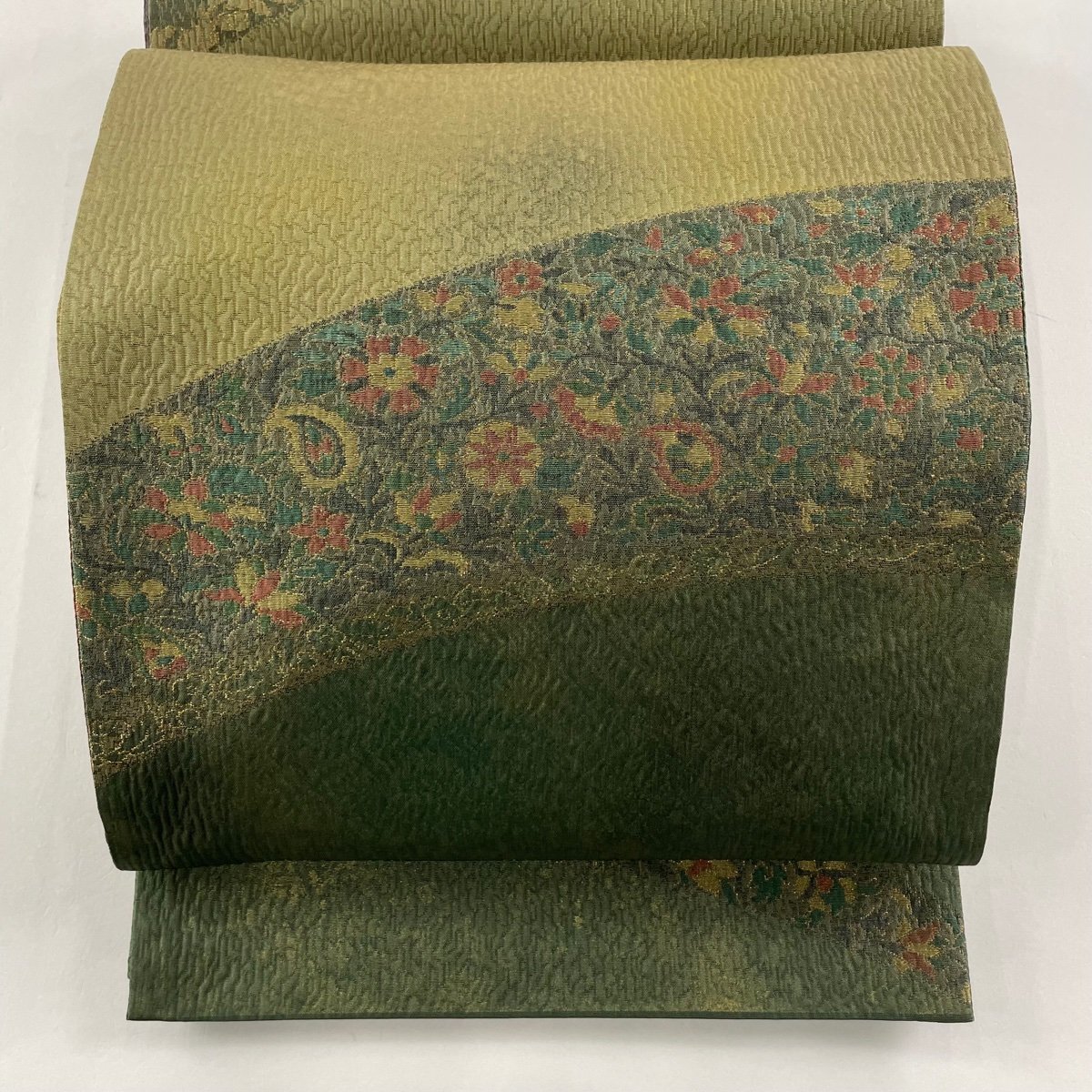 袋帯 美品 秀品 落款 渡文 草花 金糸 箔 茶緑色 正絹 【中古】