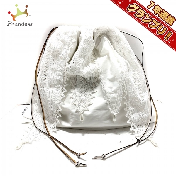 ロエベ LOEWE - コットン×レザー 白×アイボリー かごバッグ用巾着ポーチ/レース/パール 美品 ポーチ