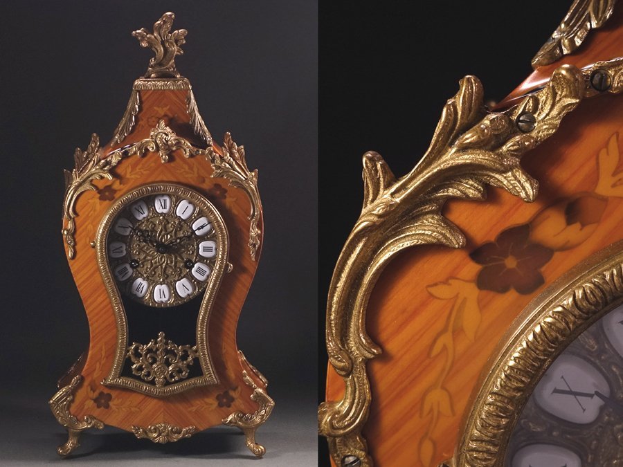 ∇花∇高級アートクロック ドイツFHS社 華麗なロココ様式の機械式振子置時計 真鍮細工にマルケットリー装飾 動作良好 時報 全高46cm