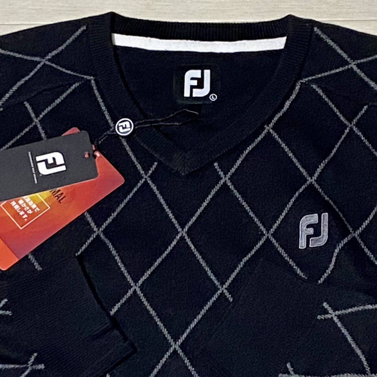 新品★FootJoy フットジョイ アーガイル柄 保温 Vネックセーター★ブラック★サイズL