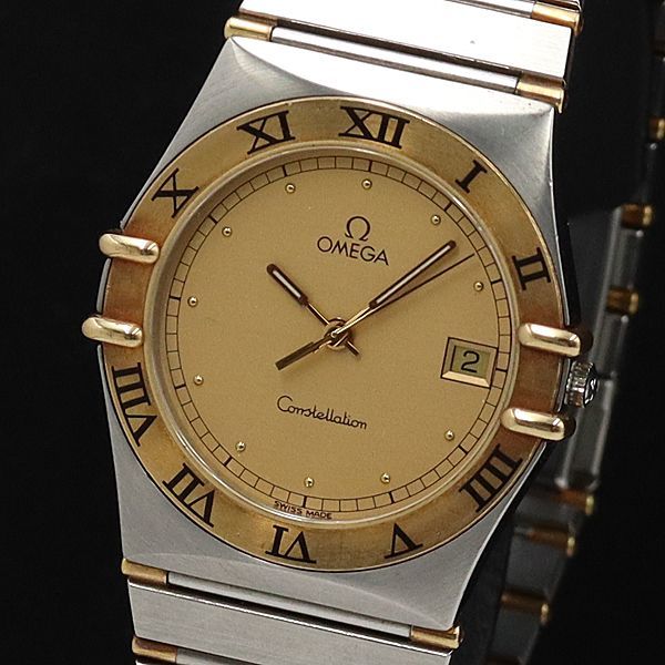 1円 稼働 良品 オメガ QZ 396.1070.1 コンステレーション YG×SS ハーフバー デイト ゴールド文字盤 メンズ腕時計 0048400YSD
