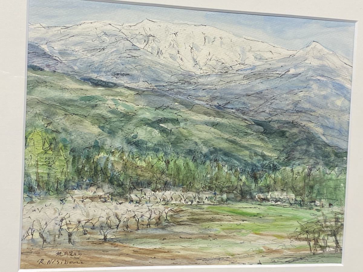 大人気，定番人気 真作 水彩画 西堀良平 【桃の里から】蔵王町にて