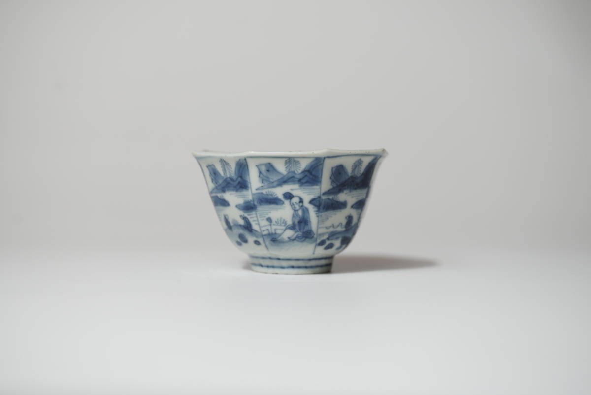 古染付八角人物文碗② 明末清初 検 煎茶碗、茶道具、