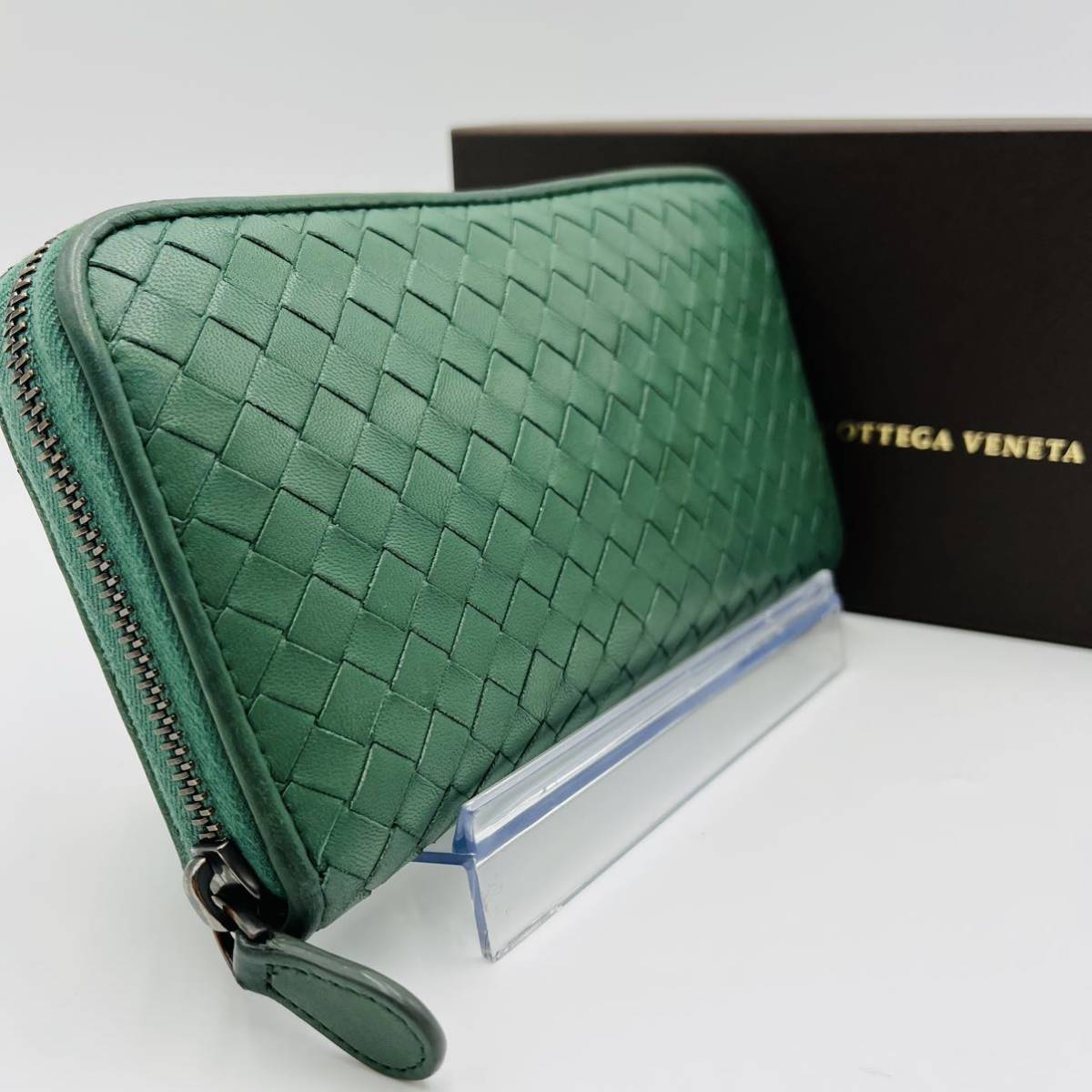 1円 【入手困難】BOTTEGA VENETA ボッテガヴェネタ 長財布 イントレチャート ラウンドウォレット レザー グリーン 緑 メンズ レディース