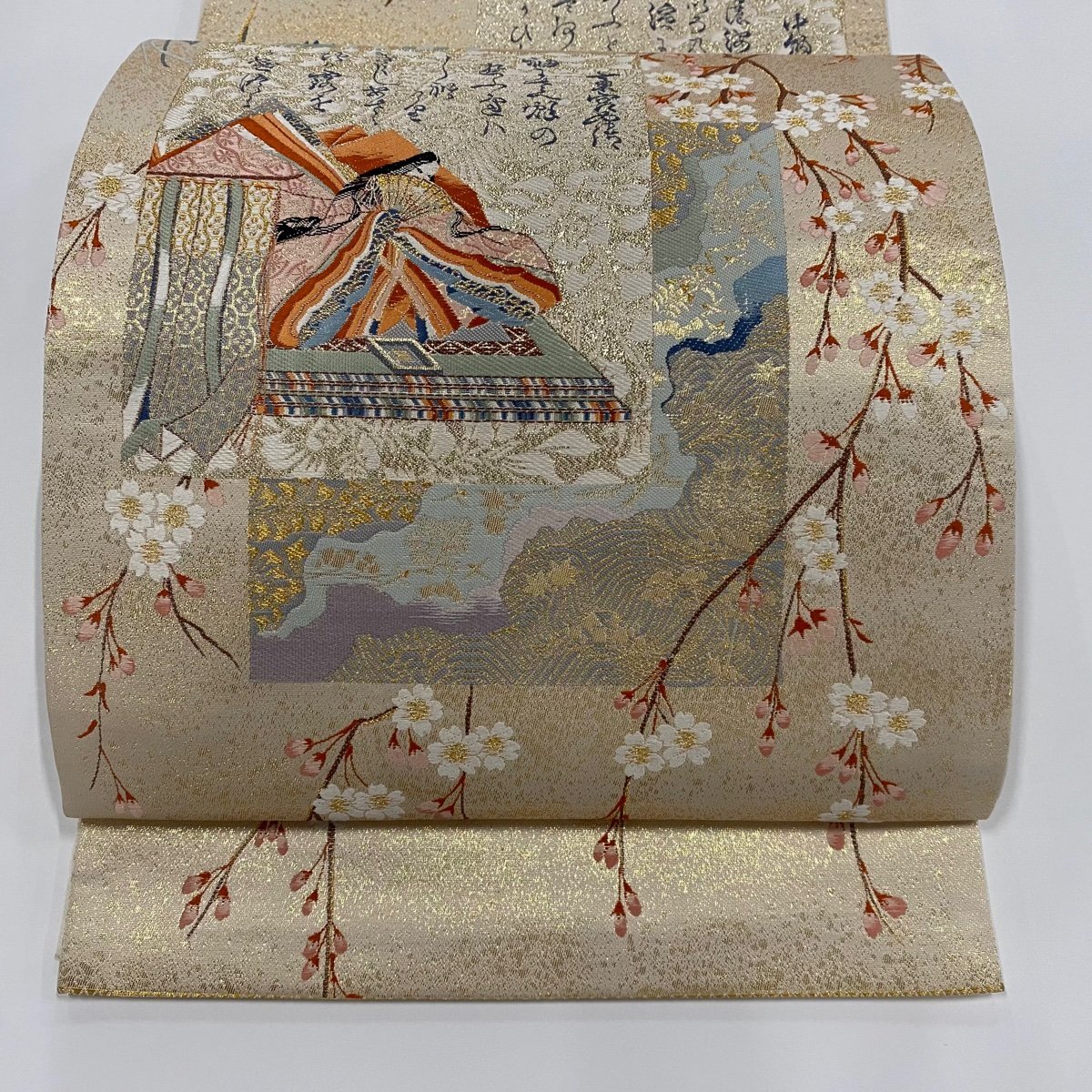 袋帯 秀品 歌人色紙 草花 人物 金糸 箔 金色 六通 正絹 【中古】 袋帯