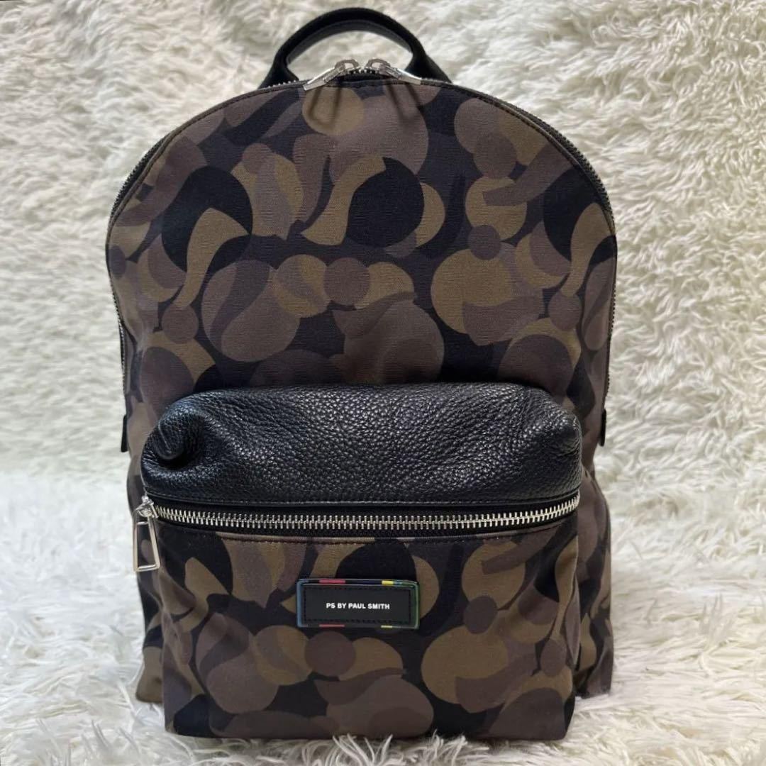 PS PAUL SMITH ポールスミス　リュック　カモフラージュ　迷彩柄　レザー切替 メンズバッグ　カーキⅹ黒