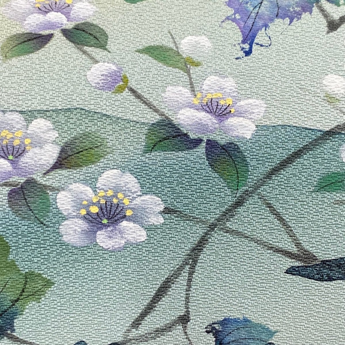 袋帯 美品 名品 枝桜 シルエット 深緑 お太鼓柄 正絹 【中古】