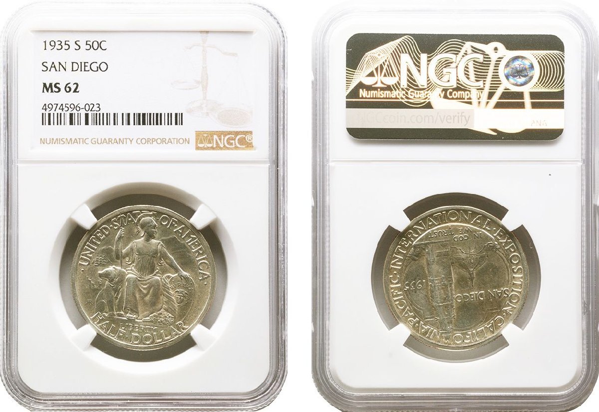 アメリカ 50セント銀貨 1935年S 未使用品 SAN DIEGO NGC(MS62) 1935-S