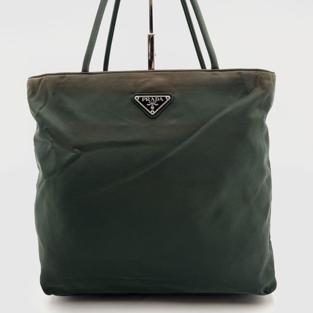 良品　PRADA プラダ　トート　ハンドバッグ　ナイロン　カーキ　三角ロゴ