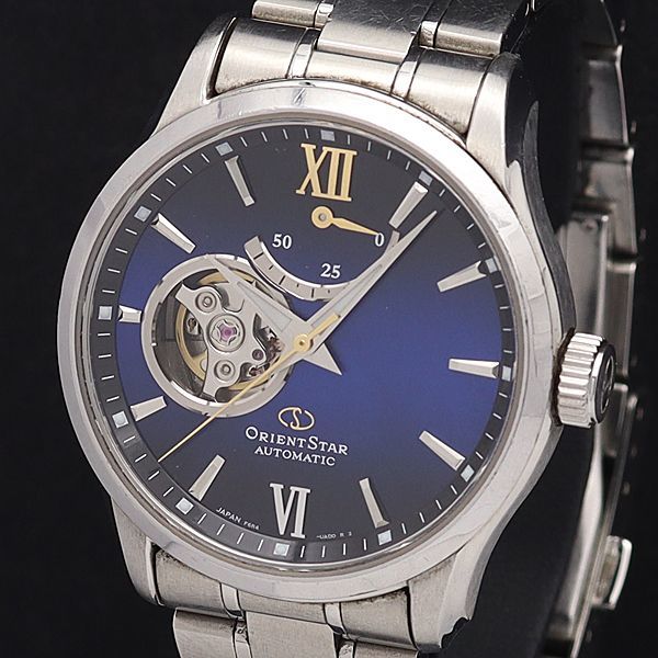 1円 稼働 良品 箱/保証書/コマ3付 オリエント AT/自動巻 F6R4-UAA0 オリエントスター ネイビー文字盤 裏スケ メンズ腕時計 8549200KNK