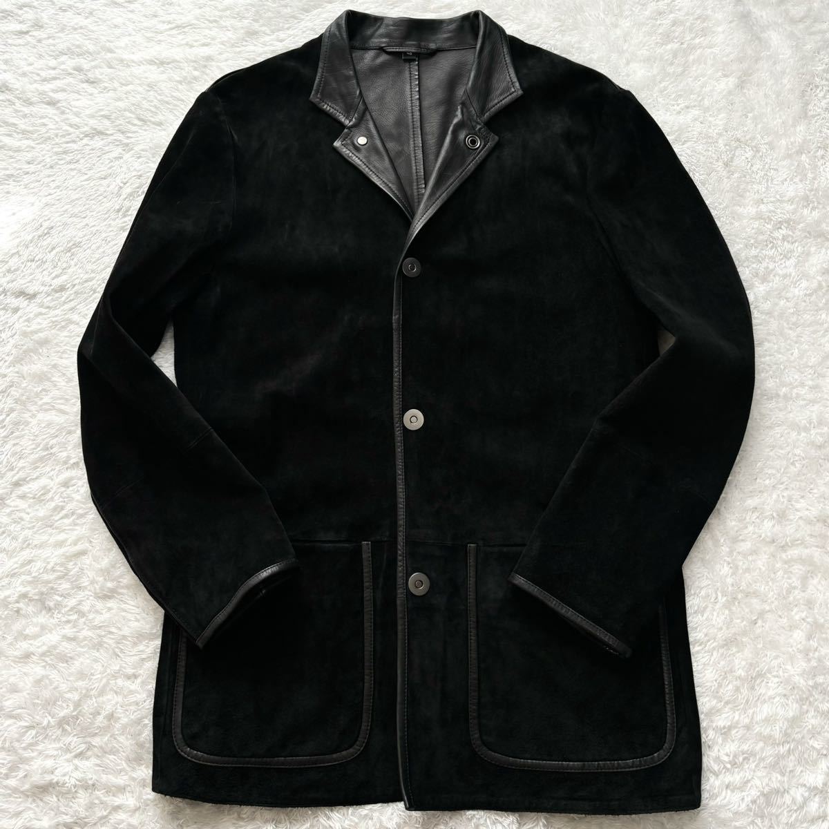 希少/美品◎アルマーニコレツィオーニ レザー 切替 ARMANI COLLEZIONI スエード 本革 テーラードジャケット ブルゾン ブラック 黒 48 L位