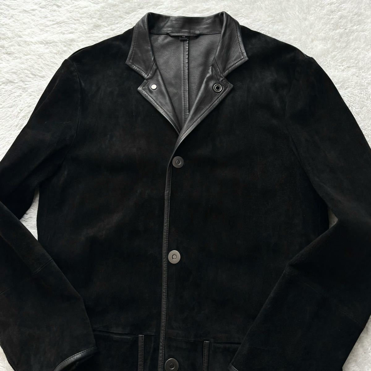 希少/美品◎アルマーニコレツィオーニ レザー 切替 ARMANI COLLEZIONI スエード 本革 テーラードジャケット ブルゾン ブラック 黒 48 L位