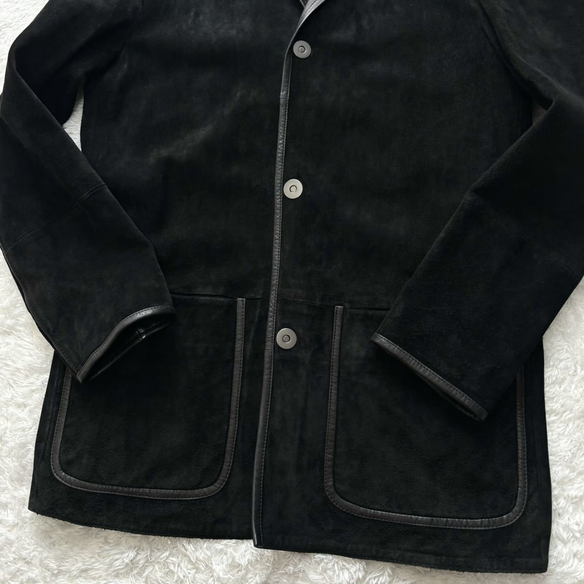 希少/美品◎アルマーニコレツィオーニ レザー 切替 ARMANI COLLEZIONI スエード 本革 テーラードジャケット ブルゾン ブラック 黒 48 L位