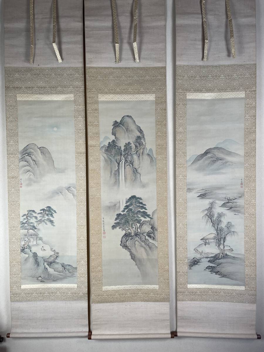 複製川合玉堂⁄漁村風景図⁄工芸品⁄山水図⁄横物⁄掛軸⁄名家伝来⁄AD-714