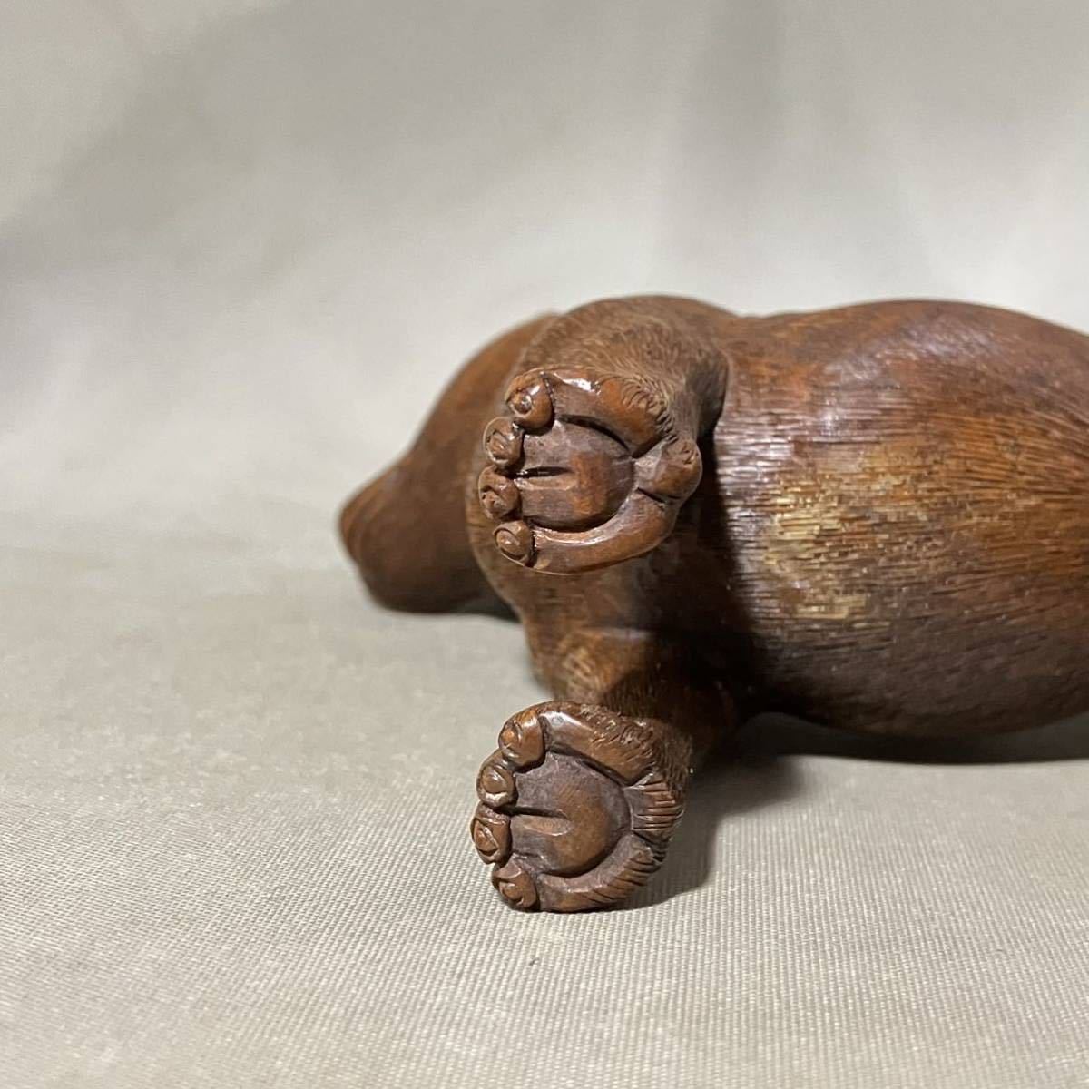 細密彫刻 古い 木彫り 日本犬 戌 犬 いぬ 玉眼 柘植 黄楊 置物 人形