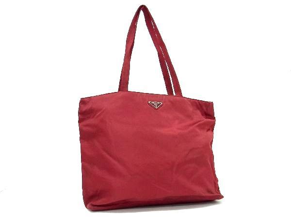 1円 PRADA プラダ テスートナイロン トートバッグ ショルダー 肩掛け メンズ レディース レッド系 AU3541