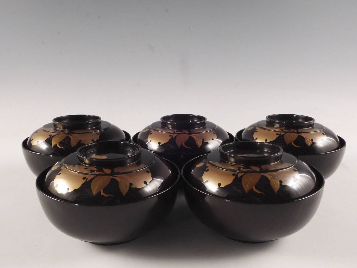 輪島塗　明治末期〜大正初期　金蒔絵　漆器椀 煮物椀　茶懐石　5客 輪島塗 明治末期〜大正初期 金蒔絵 漆器椀 煮物椀 茶懐石 5客 輪島塗