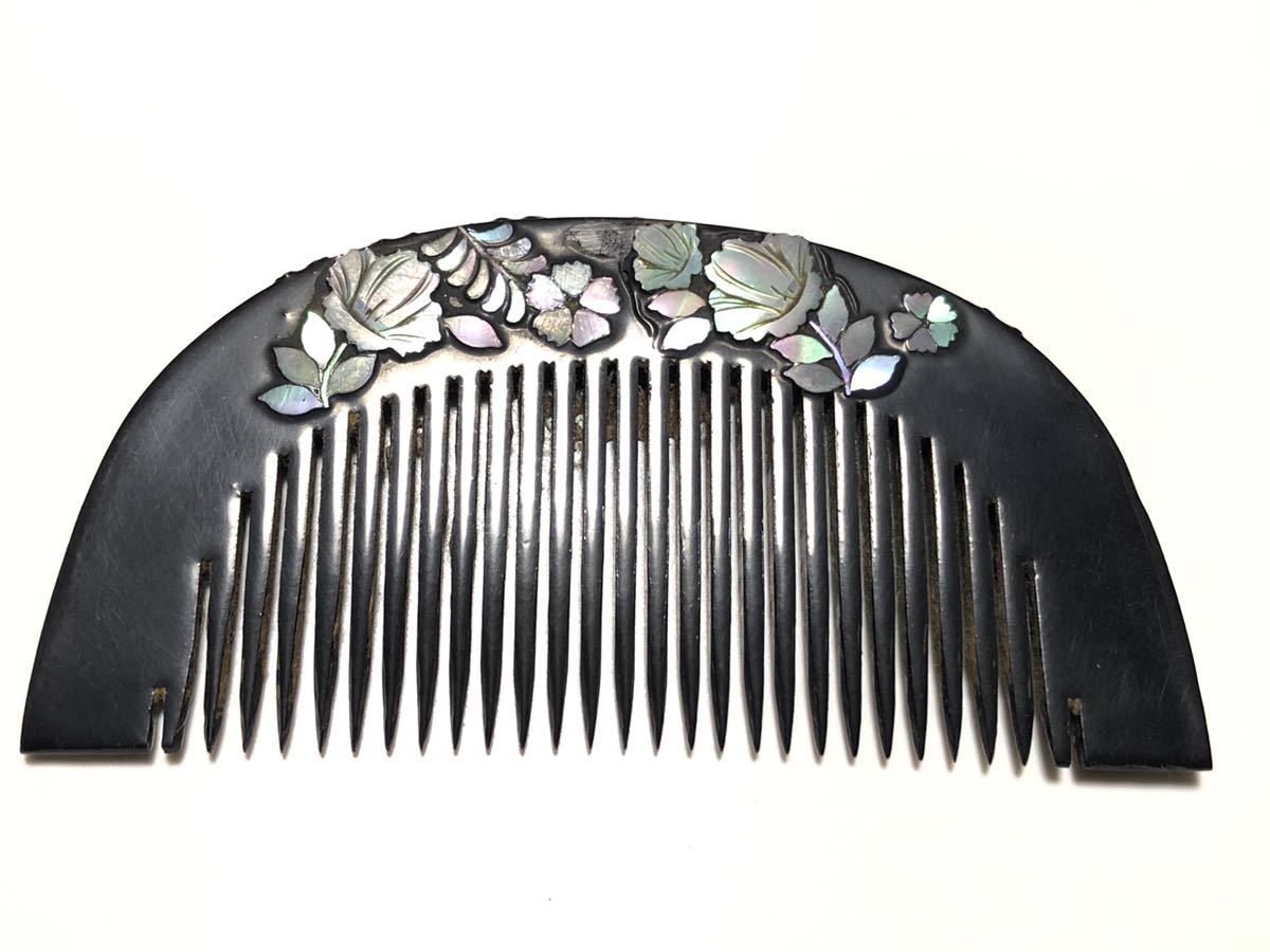 アンティーク 木製 漆塗り 青貝細工 ハイビスカス 櫛と笄【検/簪