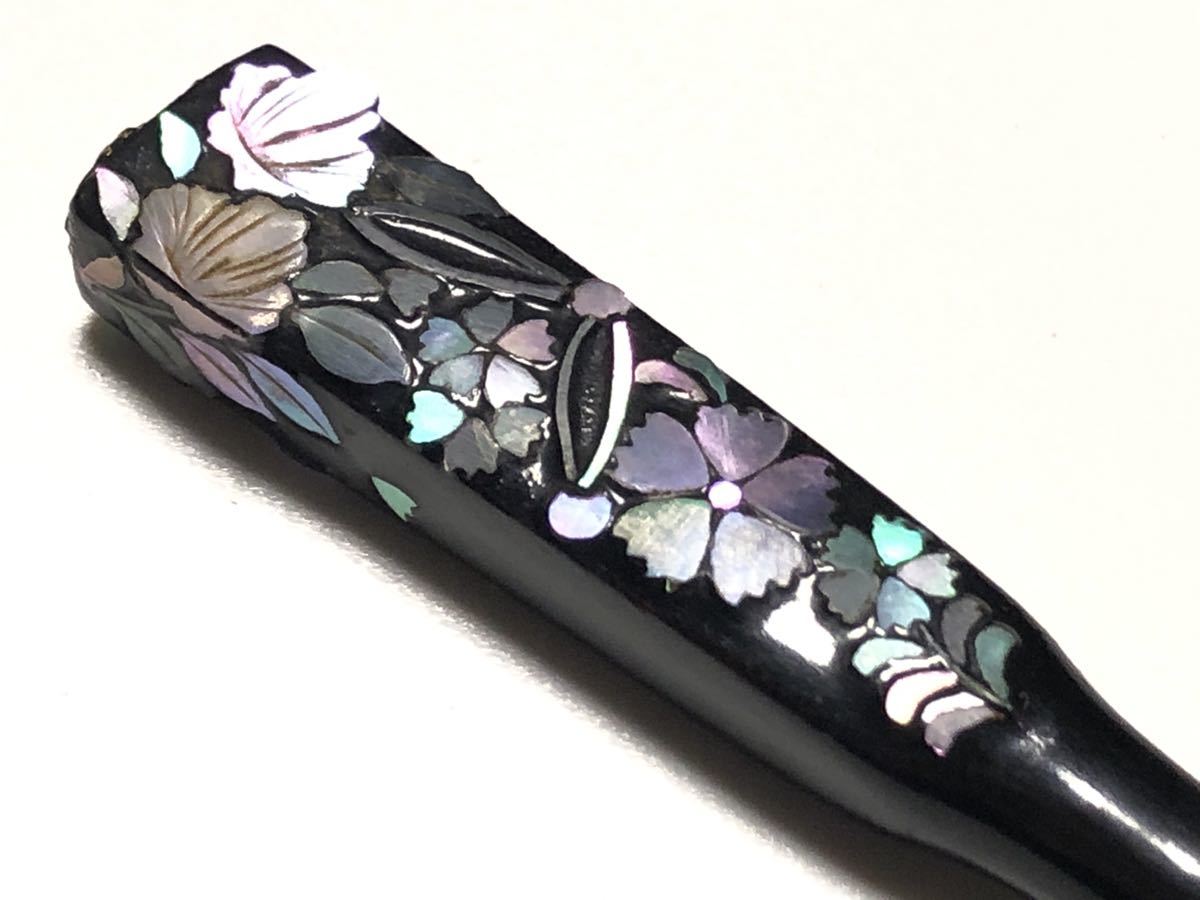 アンティーク 木製 漆塗り 青貝細工 ハイビスカス 櫛と笄【検/簪