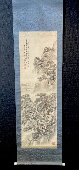 掛軸 山水画 滝 松の図 水墨画 日本画 掛軸 山水画 滝 松の図 水墨画