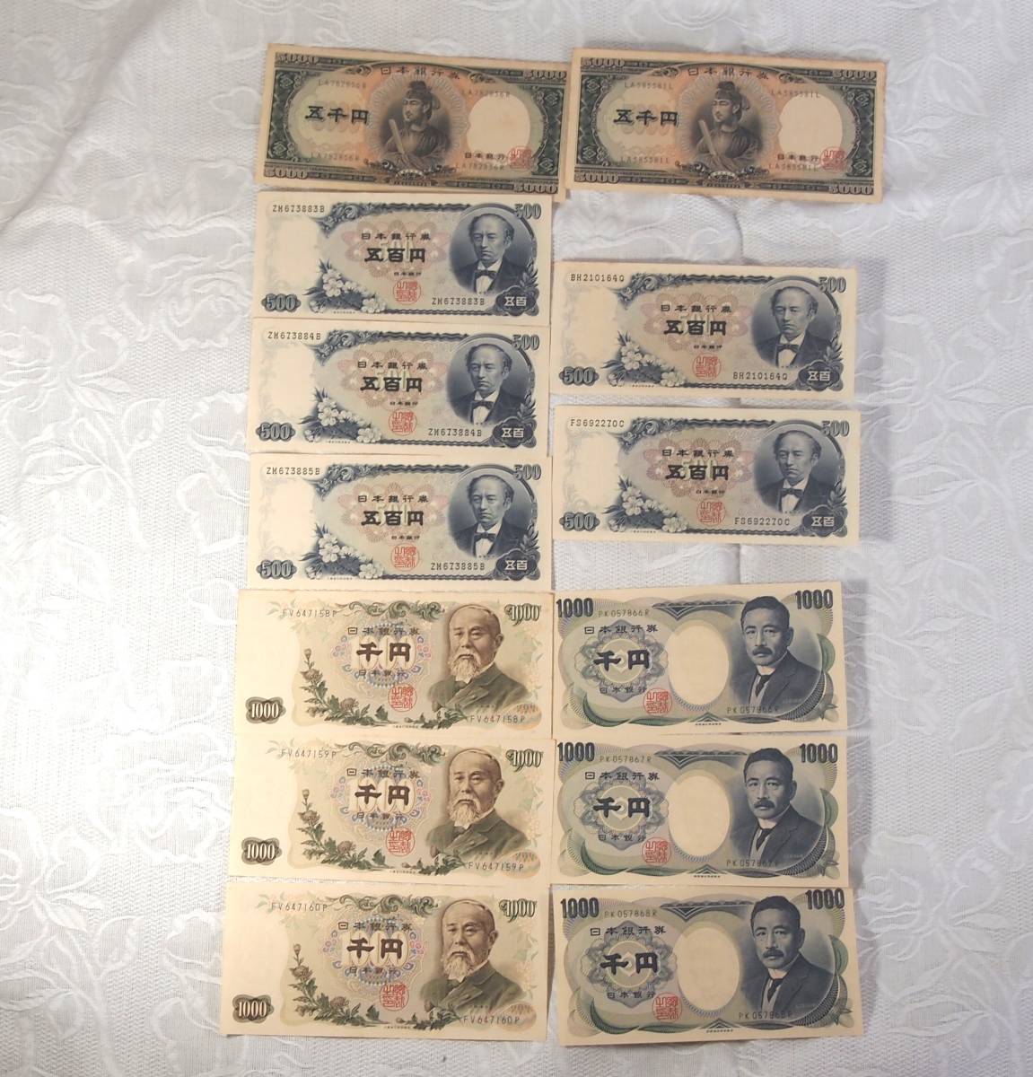 3連番　未使用　ピン札 3組　バラ2組　伊藤博文1000円　夏目漱石1000円　岩倉具視500円　聖徳太子5000円　額面18500円　送料無料