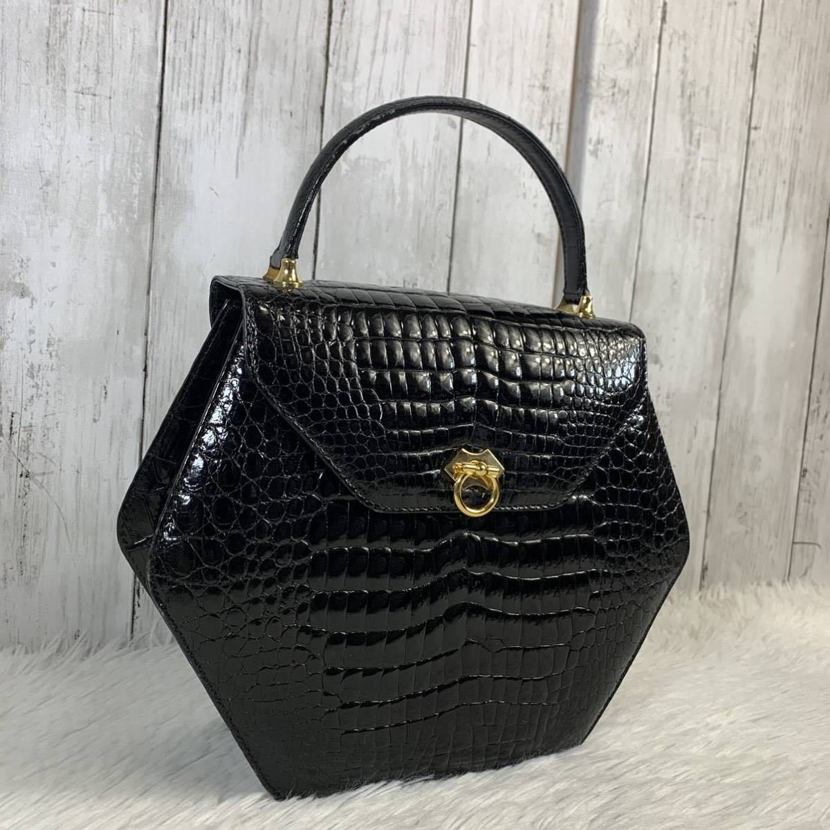 1スタ●1円スタート●クロコダイル　ワニ革　シャイニングクロコ　バッグ　ハンドバッグ　センター取り　ゴールド金具