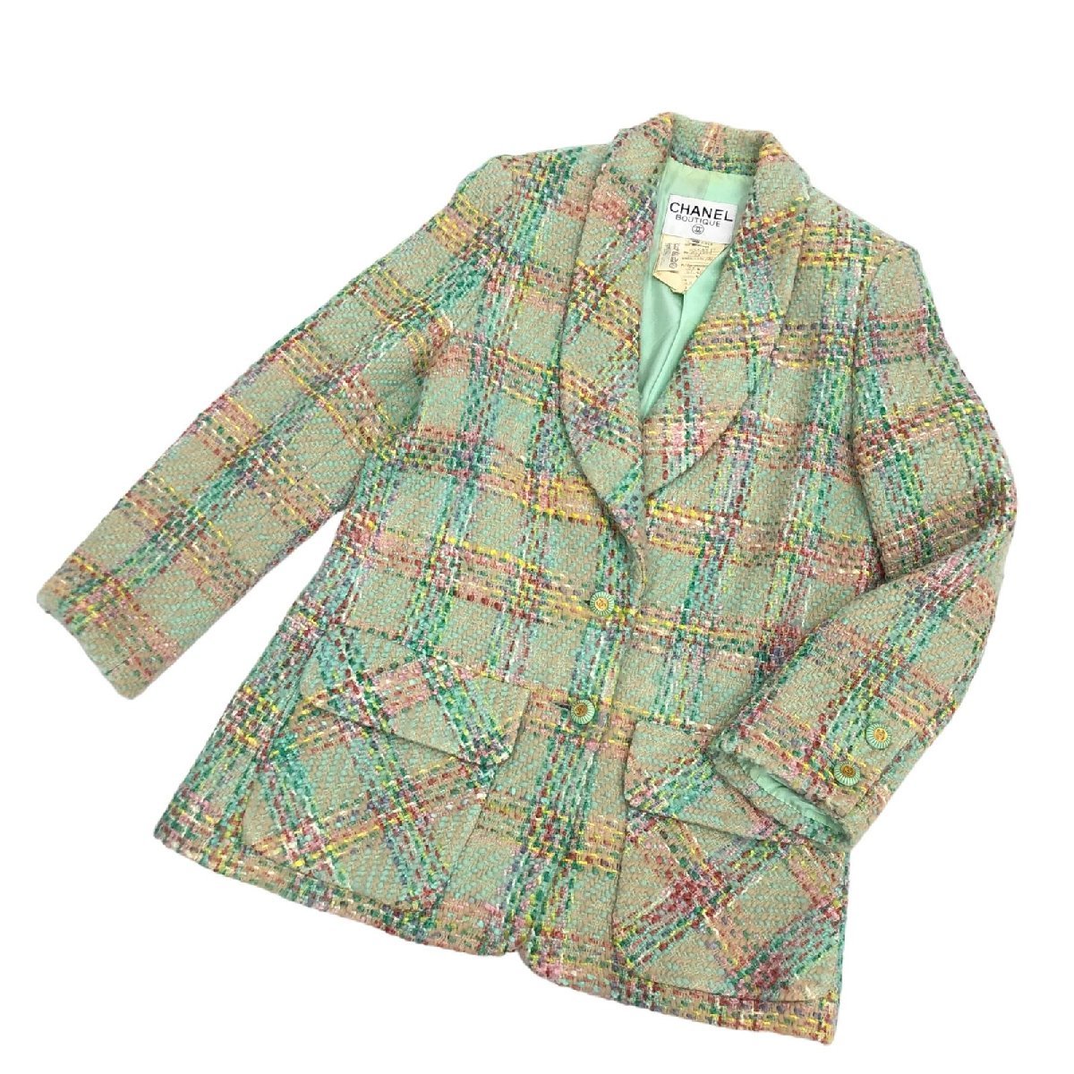 シャネル ツイード ジャケット 38 ココボタン グリーン系 CHANEL