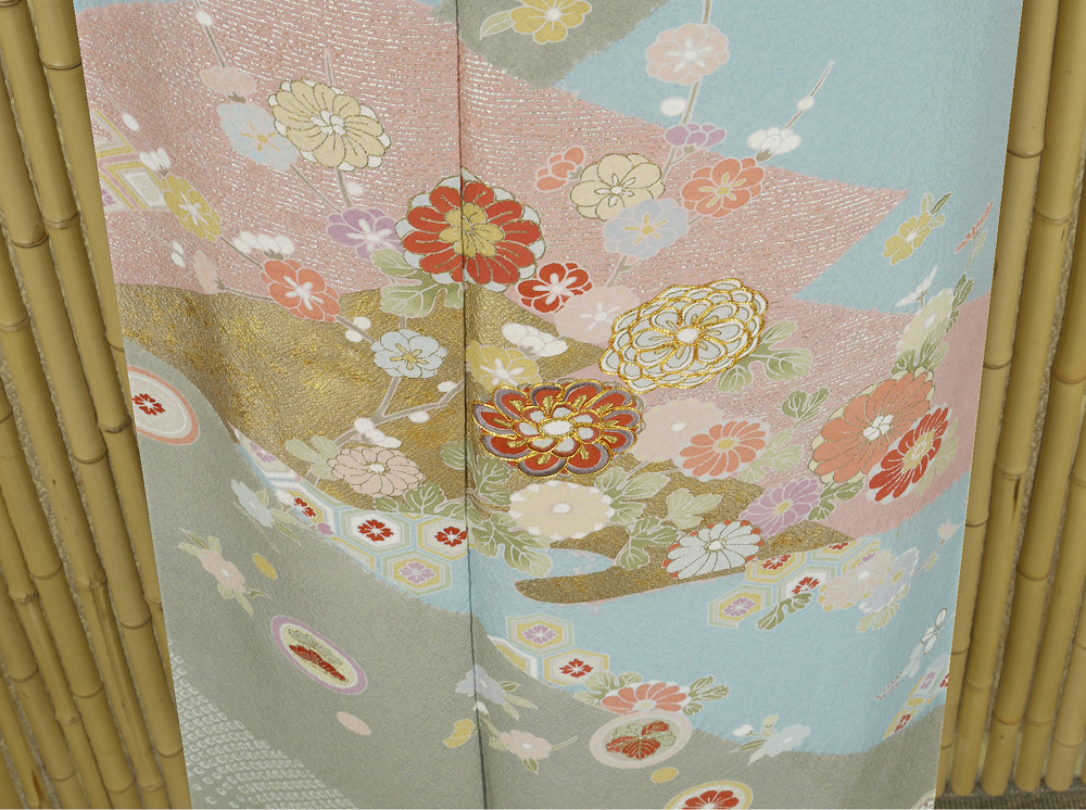 京友禅 金駒刺繍 トールサイズ 金彩 唐花 訪問着 袷 黒 グレー 白 1387 【