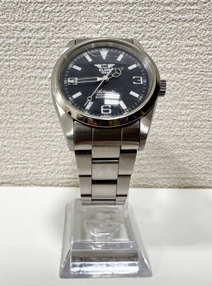 BW 2080１円～ ELGIN 1864 FK-979-C 自動巻き AUTOMATIC 黒文字盤 エルジン メンズ 腕時計 付属品無 稼働品  小傷有 中古 現状品