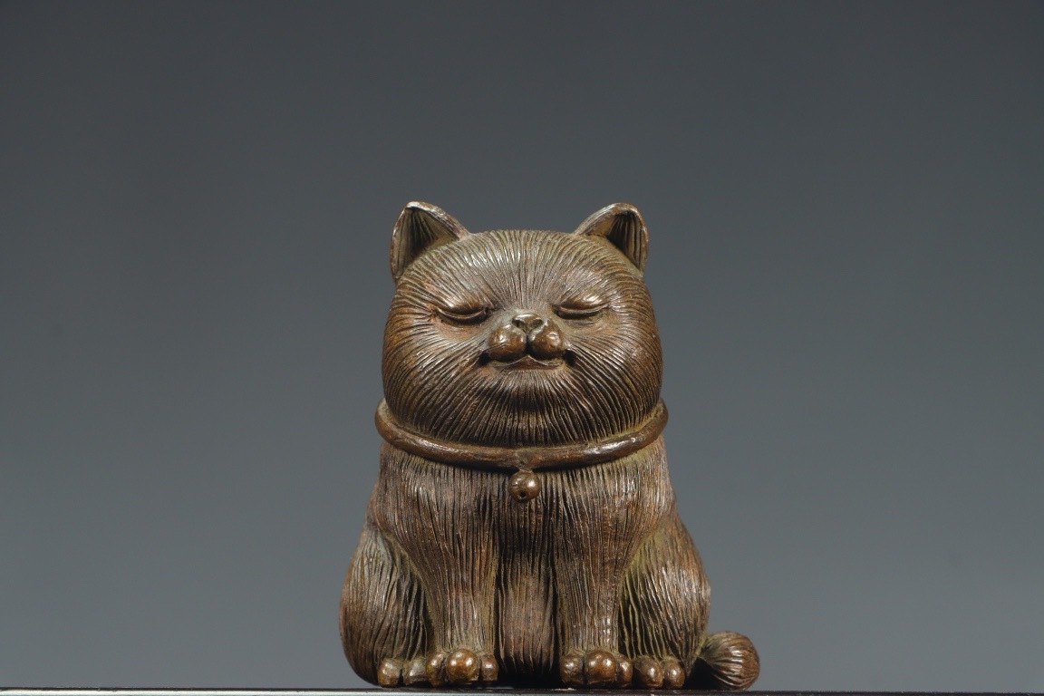 「木彫 根付 招き猫 福助 小判 作者銘あり 縁起物 提物 骨董 古美術」 銅猫 銅製 銅 招財太猫 招財胖猫 重量483g 古美術 古董 骨董