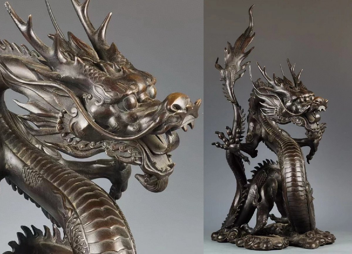 清】某有名収集家買取品 中国・清時代 ブロンズ 巨大坐龍案頭置物 55