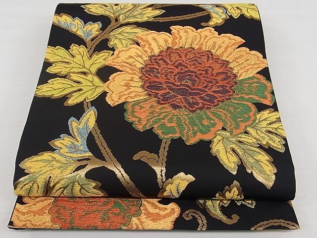 平和屋1■西陣　河合美術織物謹製　千代田錦　六通柄袋帯　花唐草文　黒地　金糸　逸品　rv8127
