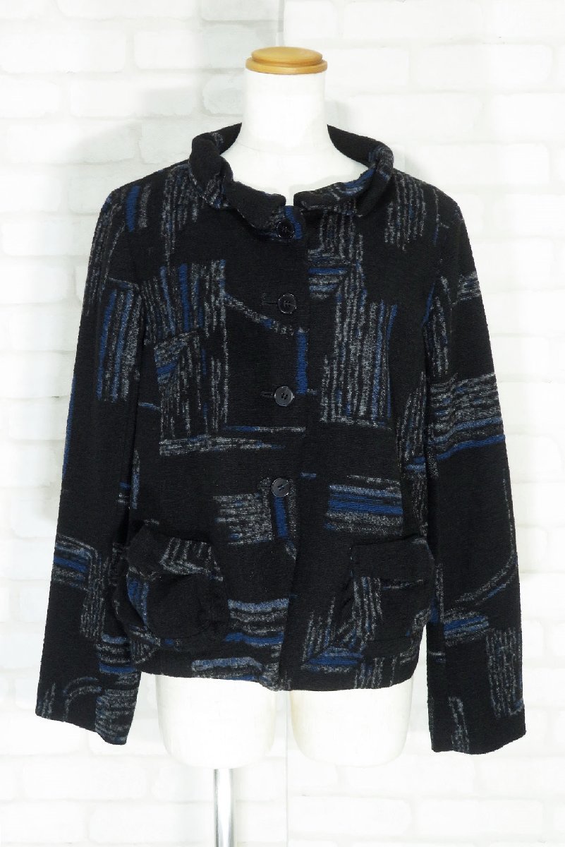 ☆美品☆t.bセンソユニコ/変形カラージャガード長袖ニットジャケット：40/黒系nj260