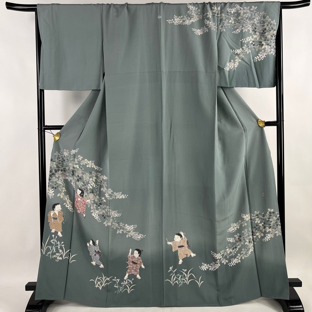 訪問着 身丈165cm 裄丈68cm L 袷 落款 童 草花 ぼかし 灰緑 正絹 美品