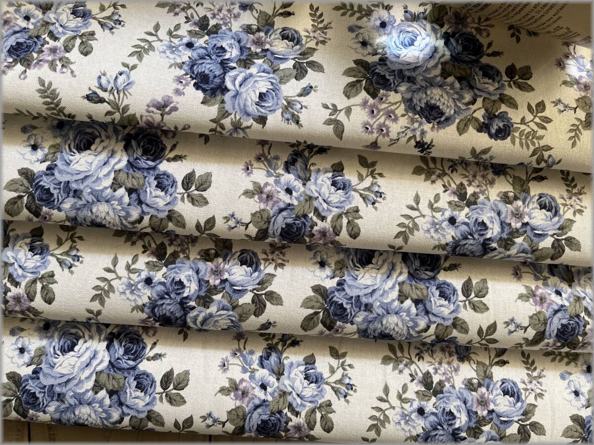 mets★5m*アンティークローズ薔薇*シーチング*ivory blue*生地2B_2