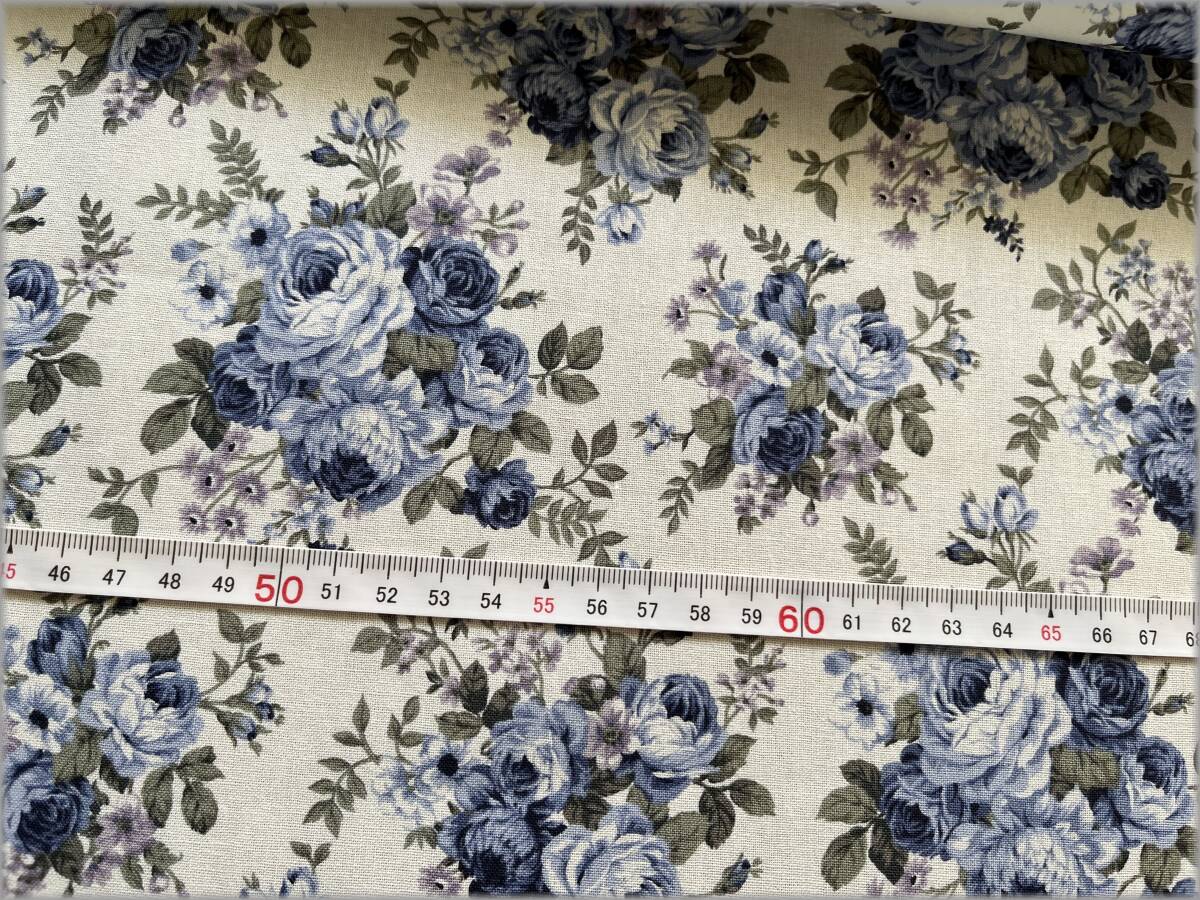 mets★5m*アンティークローズ薔薇*シーチング*ivory blue*生地2B_3