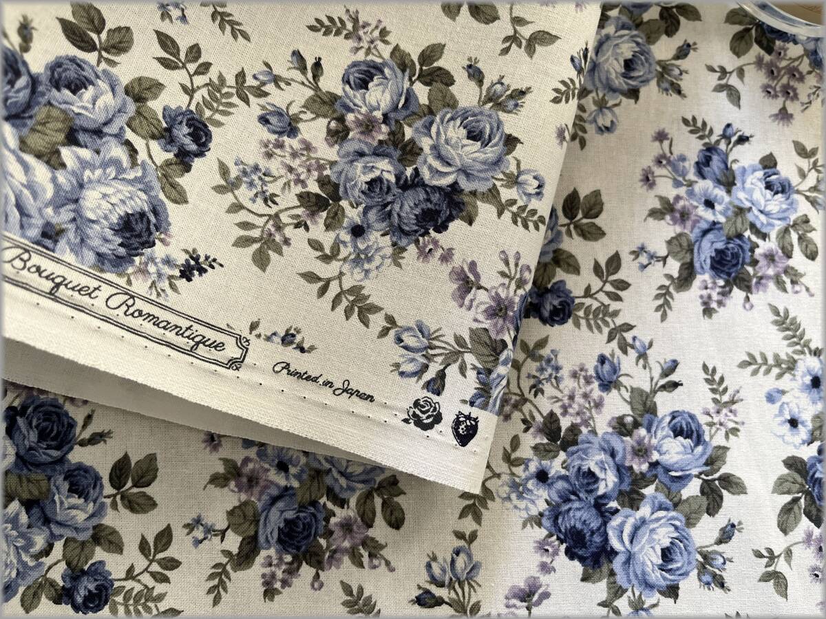mets★5m*アンティークローズ薔薇*シーチング*ivory blue*生地2B_4