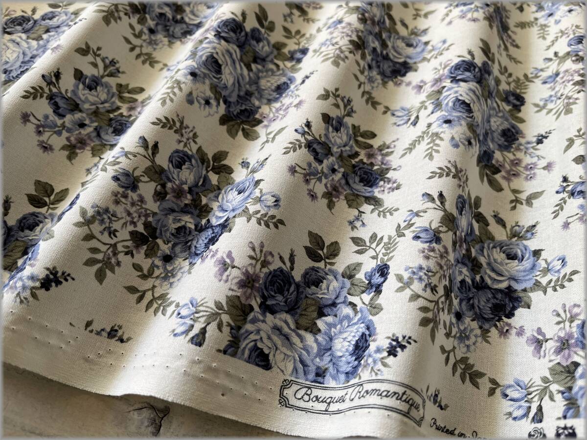 mets★5m*アンティークローズ薔薇*シーチング*ivory blue*生地2B_5