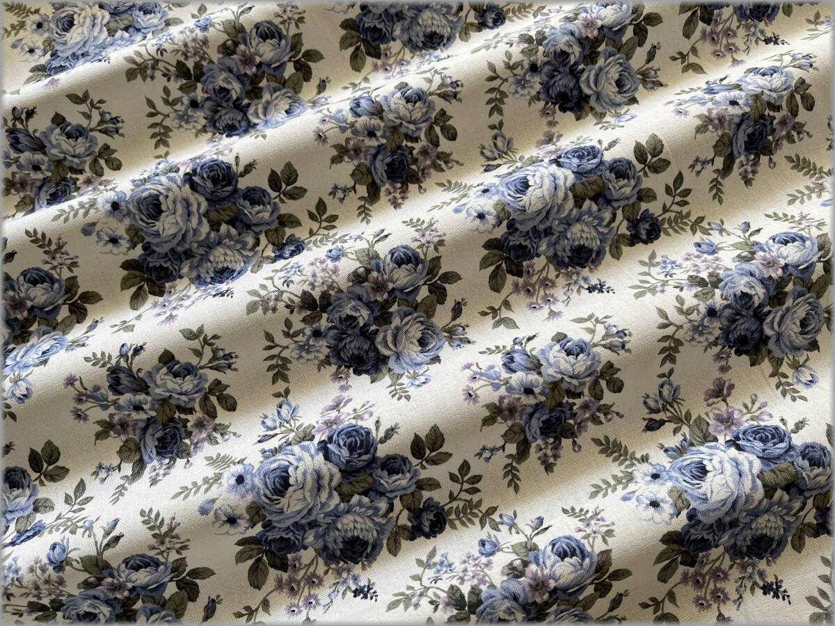 mets★5m*アンティークローズ薔薇*シーチング*ivory blue*生地2B_6