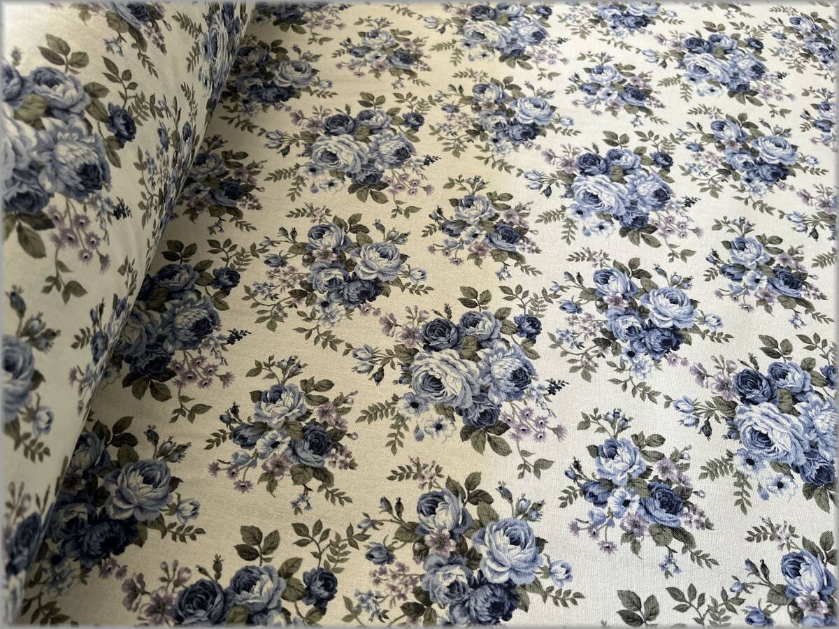 mets★5m*アンティークローズ薔薇*シーチング*ivory blue*生地2B_7