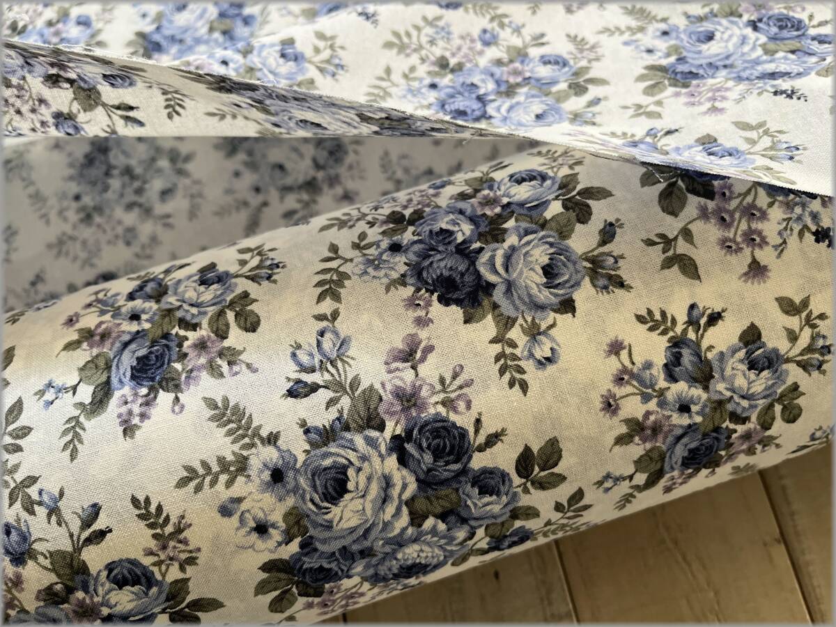 mets★5m*アンティークローズ薔薇*シーチング*ivory blue*生地2B_8